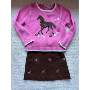 Hartstrings Sweater Skirt Set 5/6 Pink Brown Cotton Horse Equestrian Preppy